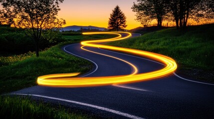 Winding Road at Sunset with Golden Light Trails Serpentine Asphalt Path Through Green Landscape Scenic Route