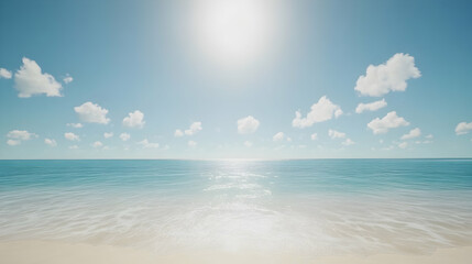 Obraz premium Serene beach scene featuring a calm turquoise ocean, gentle waves lapping the sandy shore under a bright sunny sky with scattered fluffy clouds. Ideal for travel, vacation, or relaxation themes.