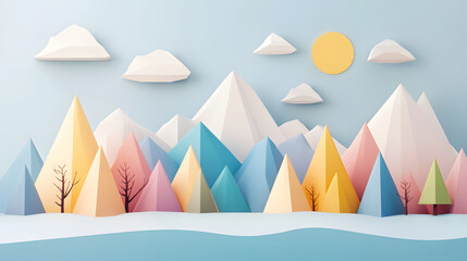 Fototapeta premium Bright polygonal landscape with mountains, trees, and clouds under sunny sky. serene and colorful scene evokes sense of tranquility