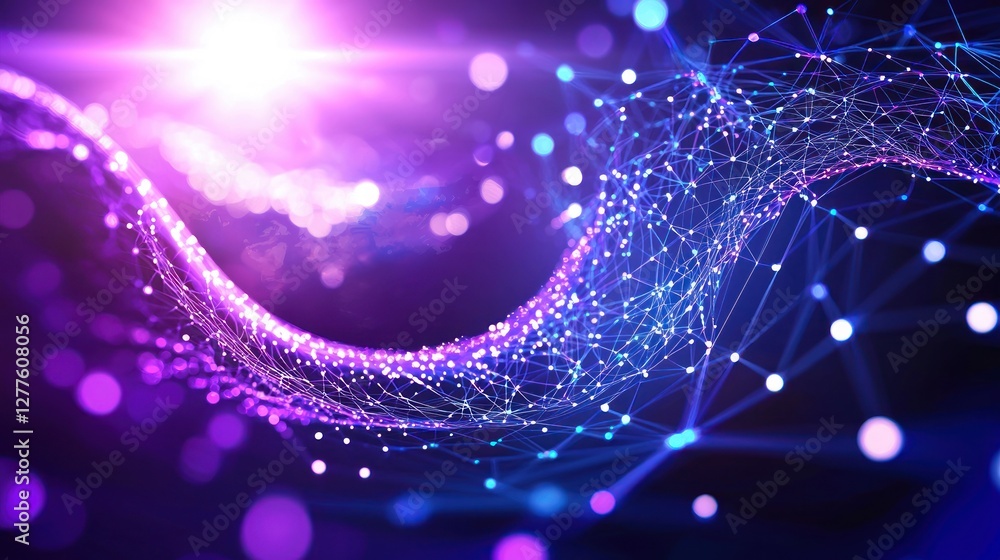 Fototapete Abstract network connection structure with glowing nodes and lines on a dark purple and blue background for technology concept