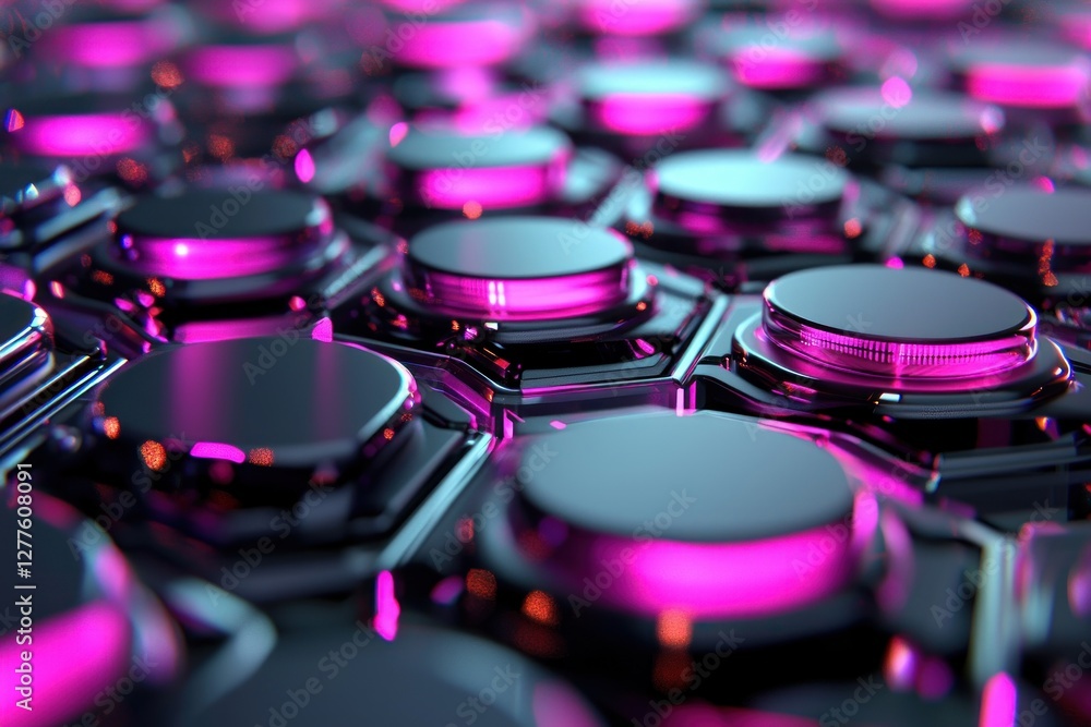 Poster abstract futuristic grid with glowing pink light emitting from beneath dark metallic surface technol