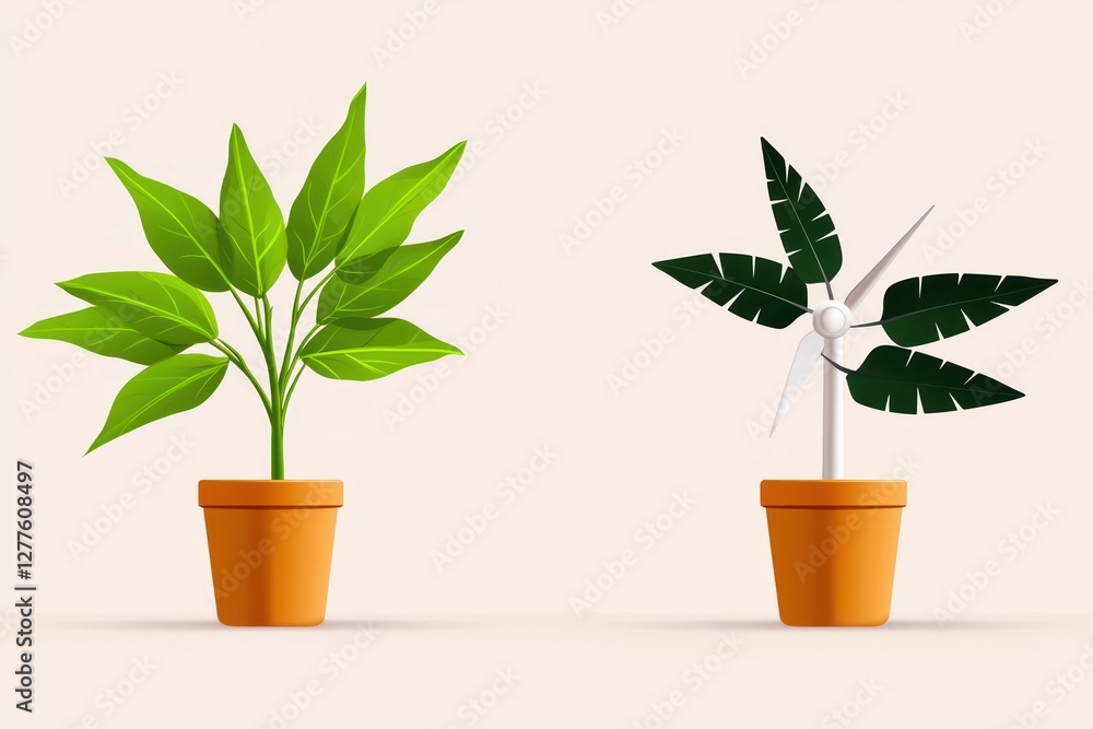 Poster conceptual renewable energy with plant and wind turbine in flowerpot on light background studio shot