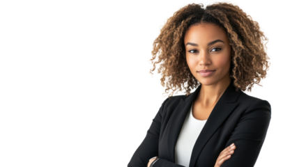 Confident professional woman with curly hair poses with arms crossed, exuding empowerment and leadership in a modern corporate environment.
