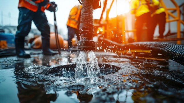Close-Up of Powerful Suction Hose Extracting Waste Water Effectively