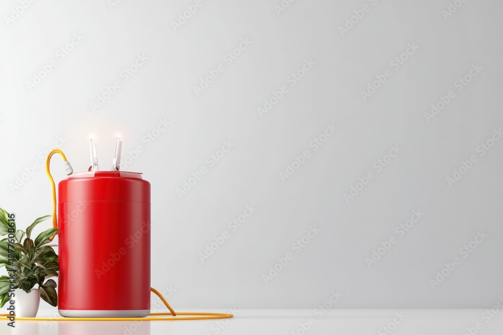 Poster red futuristic container with yellow cable and plant on white background creating a modern minimalis