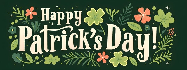 Fototapeta premium Happy St Patrick's Day festive green and coral greeting banner with shamrock and floral decorations on dark background. Holiday celebration design with copy space