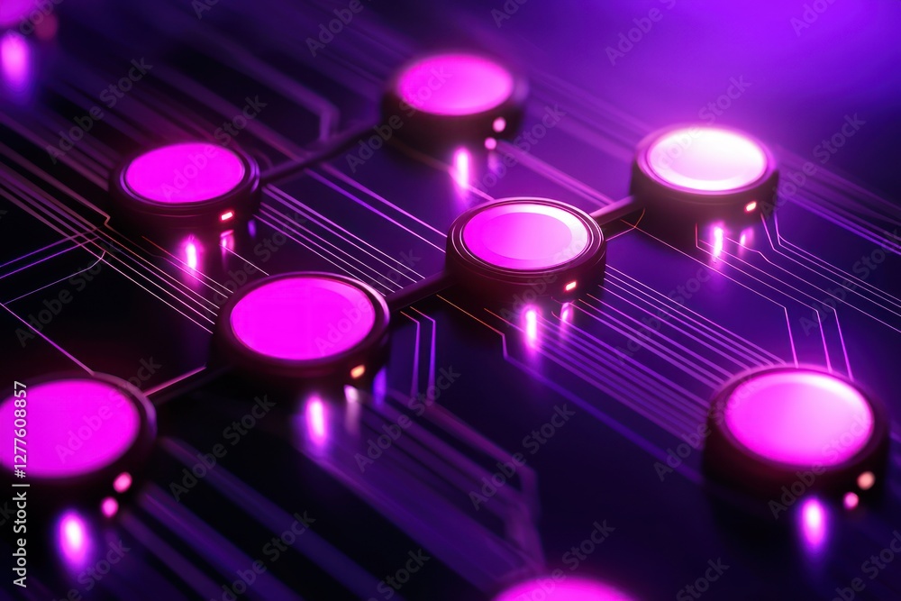 Poster Futuristic network connection with glowing nodes and circuit board pattern in vibrant purple light