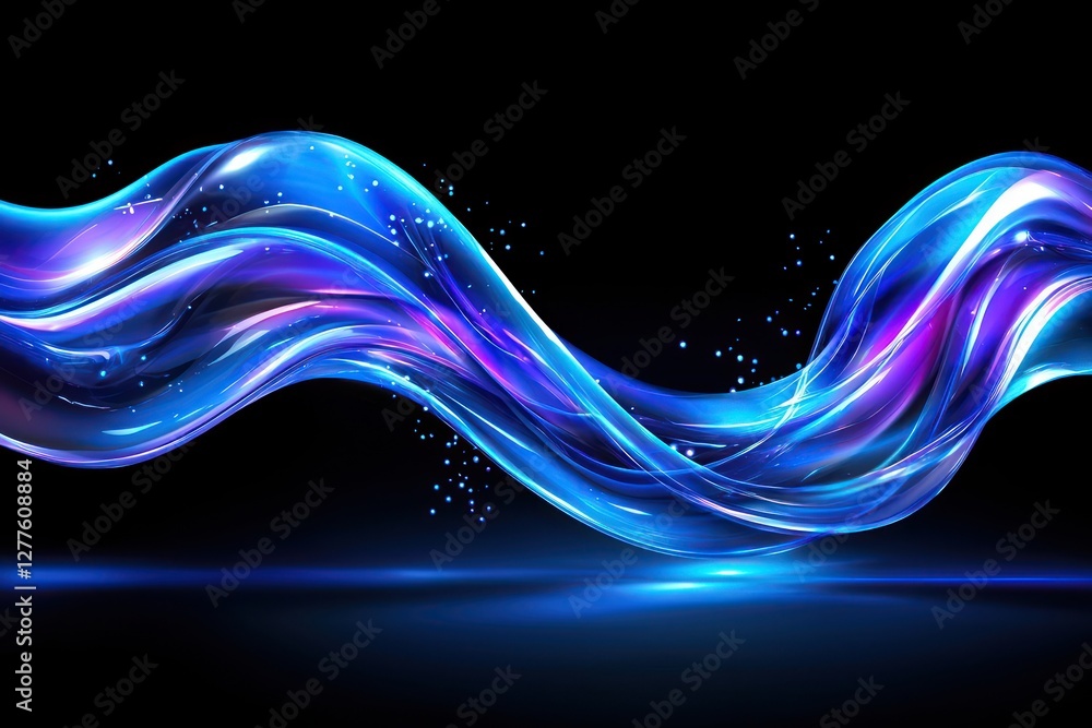 Poster luminous abstract wave in dynamic blue and purple hues on black backdrop creates a modern and energe