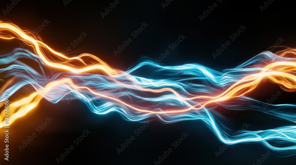Poster dynamic interplay of orange and blue light trails on a black background creating a sense of energy a