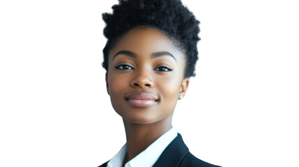 Confident young businesswoman smiling in formal attire, representing professionalism and success in the workplace, ideal for corporate themes.