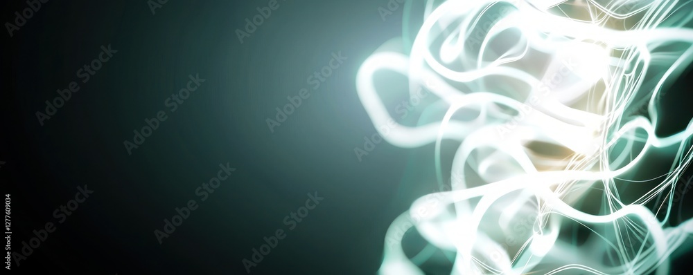 Poster abstract light painting with swirling lines against a dark teal background creating a modern and dyn