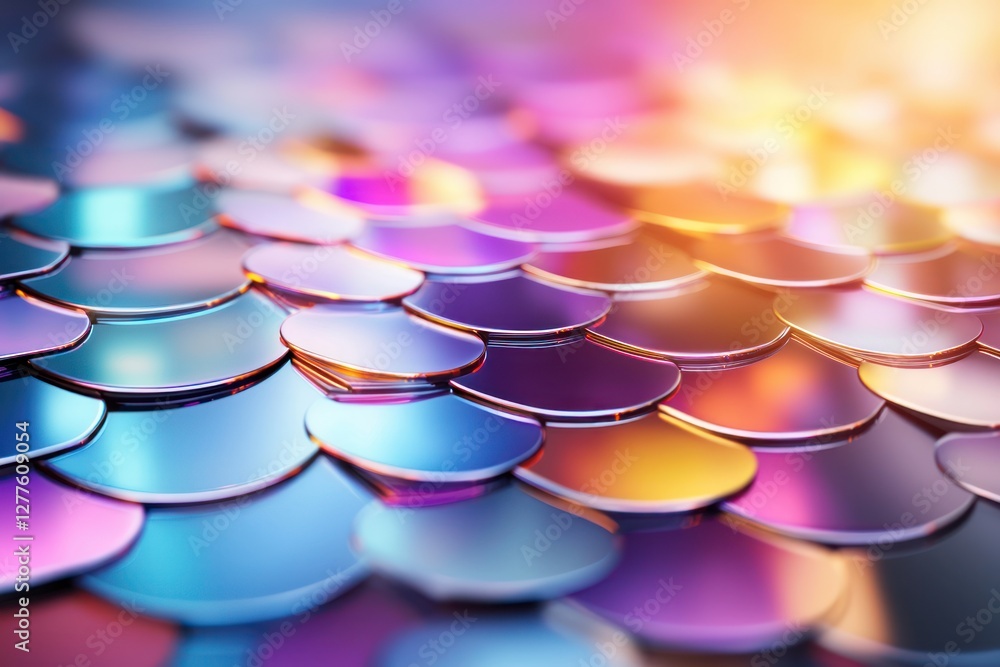 Poster Iridescent scales in a gradient of blue purple and gold creating a shiny and modern abstract background with a shallow depth of field and soft lighting