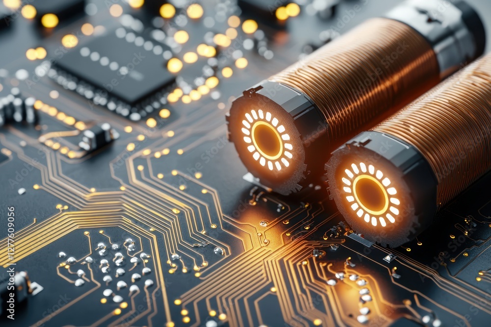 Poster futuristic circuit board with glowing coils and intricate patterns a high tech and innovative design