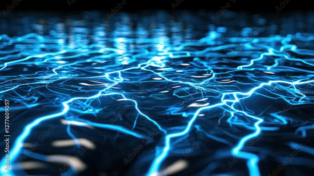 Aufkleber Electric Blue Lightning Strikes Across Dark Water Surface Creates a Dynamic and Energetic Visual Display for Science and Technology Concepts