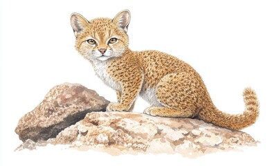 Obraz premium A young wildcat perched on a rocky surface, showcasing its natural habitat and alert demeanor