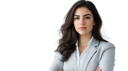 Confident young woman in a professional outfit poses with crossed arms, exuding strength and determination in a modern work environment.