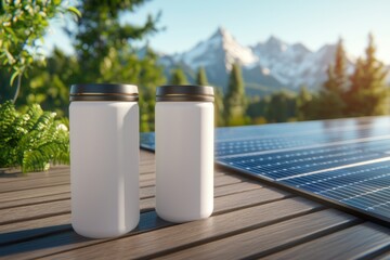 Two Sleek White Canisters on Wooden Table with Solar Panel Array and Mountain Backdrop Serene Outdoor Scene