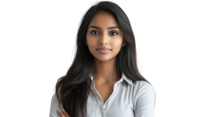 Confident young woman with long hair poses for a portrait. She embodies professionalism and determination, showcasing a modern and stylish appearance.
