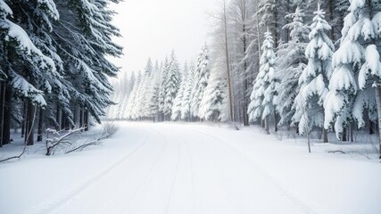 Obraz premium A snow-lined forest trail disappears into the distance behind a cluster of snow-capped trees, peaceful, rural