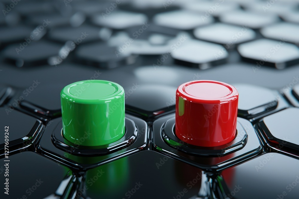 Aufkleber Green and Red Buttons on a Hexagonal Grid Symbolizing Choice Decision and Technology with a Futuristic and Modern Style and a High Angle View