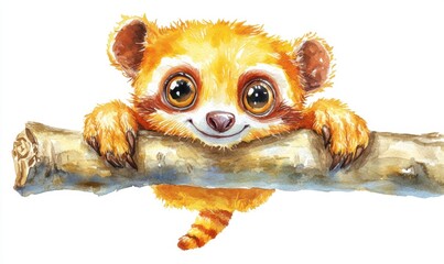 Obraz premium Adorable cartoon sloth character hanging from a branch, surrounded by a bright, cheerful background