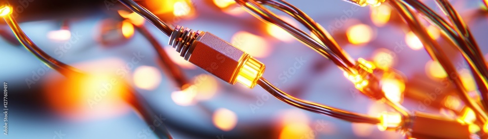 Aufkleber Glowing string lights create a warm and inviting atmosphere with a soft blurred background and a close up shot of the connector