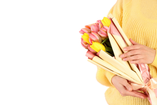 PNG, March 8. Girl holding flowers in her hands, with space for text, isolated on white background.