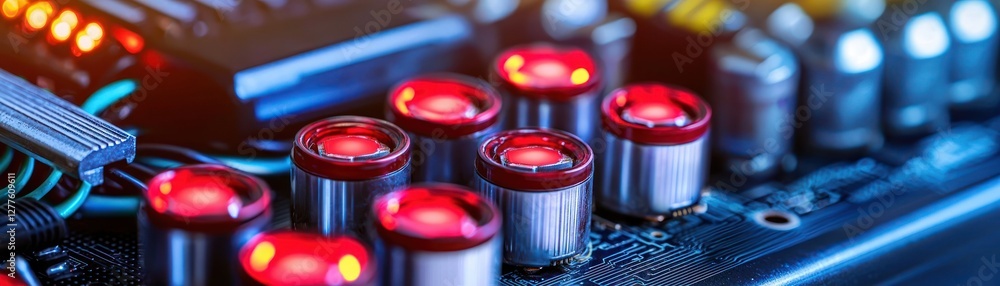 Poster Close up of glowing red capacitors on a computer circuit board highlighting technology and innovation in a modern design