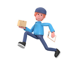Delivery courier man in blue uniform jumping while holding clipboard and cardboard package box. Safe delivery of goods concept. 3d people character illustration. Cartoon minimal style. PNG background