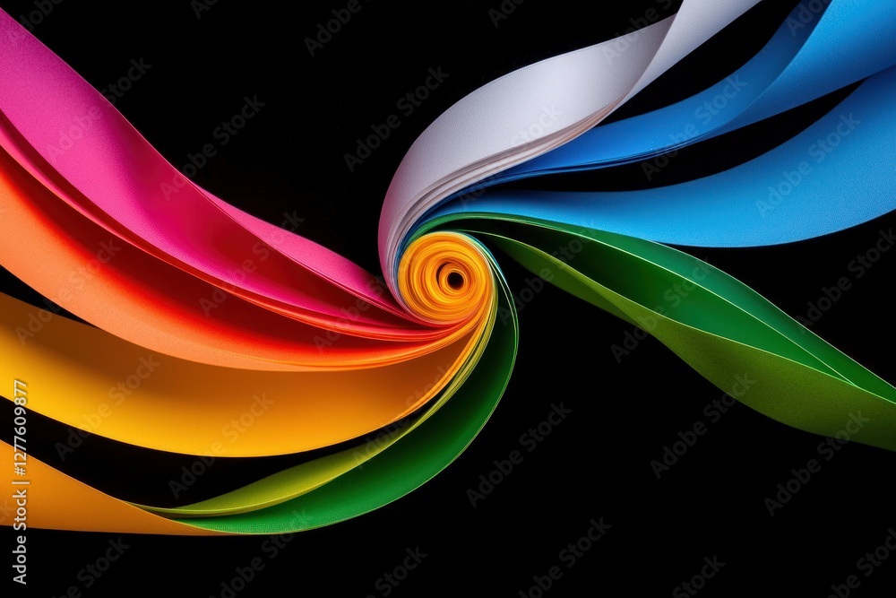 Aufkleber Vibrant rainbow colored paper strips elegantly swirling on a black background creating a captivating abstract design radiating creativity and modern artistic flair