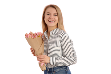 PNG, March 8. Girl holding flowers in her hands, isolated on white background.