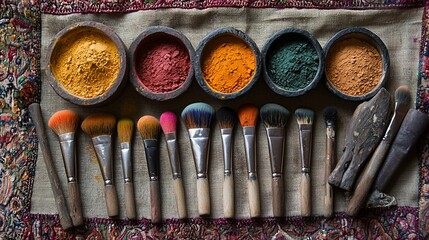 Colorful pigments and brushes on fabric.  Artisan workshop, India.  Background textile. Use art supplies, craft