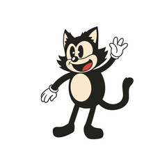 Obraz premium Cartoon black cat character with a playful expression, waving in a classic vintage animation style