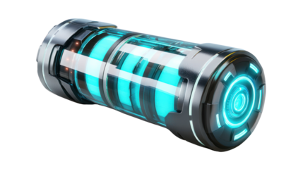 Futuristic energy cylinder with glowing blue elements, showcasing advanced design for high-tech applications and futuristic concepts.
