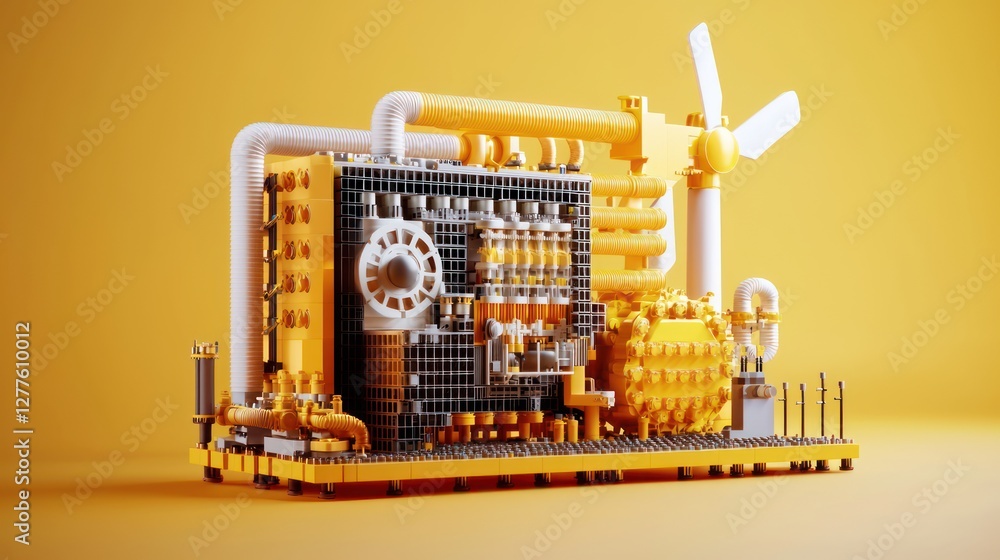 Fototapete detailed yellow industrial machine model on yellow background showcasing intricate design and engine