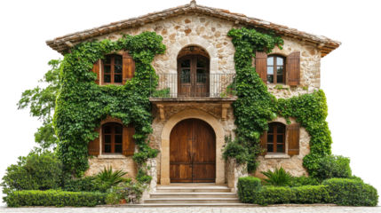 This charming stone house is adorned with lush ivy and vibrant greenery, creating a welcoming atmosphere and showcasing beautiful architecture.