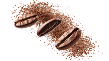 Three coffee beans lying on a bed of ground coffee, showcasing the rich texture and color of freshly roasted coffee. Perfect for coffee lovers.