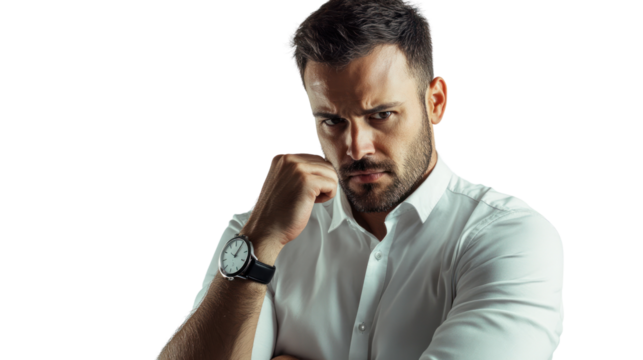 Serious young businessman thinking thoughtfully, wearing a white shirt, and looking directly at the camera with a confident expression.