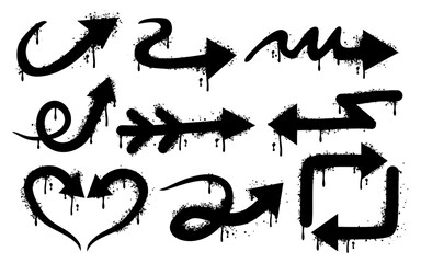 Set of graffiti arrows with dripping ink on a white background. Spray-painted graffiti splash arrows featuring hand drawn strokes, messy splatters, and urban street art vibes artistic. © luqart97