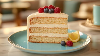 A slice of layered cake topped with berries and lemon on a blue plate.