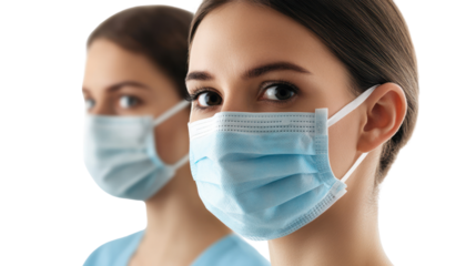 Two women wearing surgical masks, symbolizing health care and safety during a pandemic. Both are focused and confident in their protective attire.