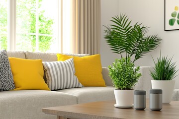 Serene living room interior with bright yellow pillows and lush green plants creating a cozy and inviting atmosphere with natural light and modern decor