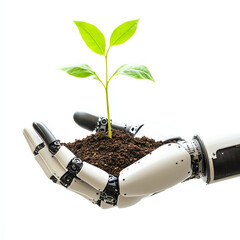 A robotic hand gently holds a sprouting plant, symbolizing the blend of technology and nature.