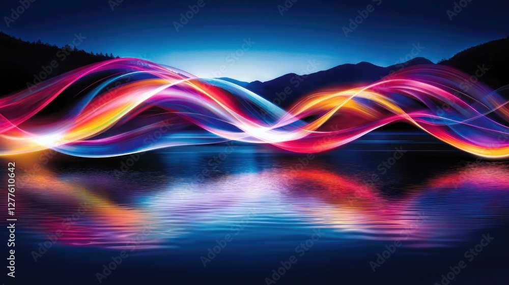 Aufkleber vibrant luminous waves reflecting on serene water against a backdrop of distant mountains creating a