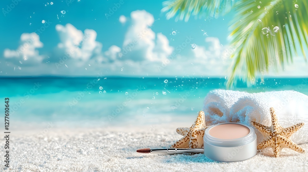 Poster close up of a smudge proof gel eyeliner pot with a fine brush resting on a white towel at the beach 