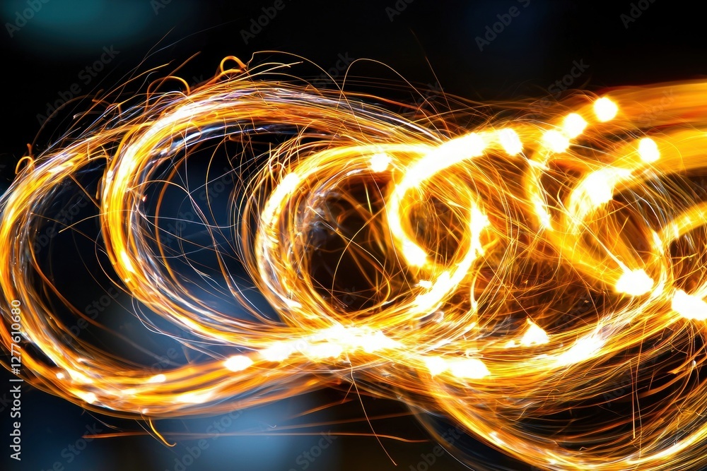 Aufkleber Abstract light painting photography showcasing dynamic golden swirls against a dark backdrop creating a mesmerizing and energetic visual effect for modern design