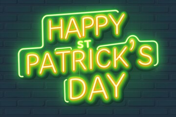 Happy St Patrick's Day neon sign glowing on dark brick wall background with copy space. Green festive light decoration for Irish holiday celebration or party design
