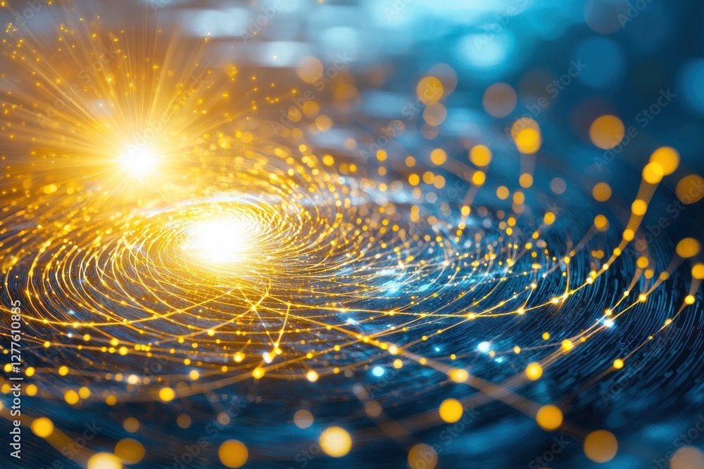 Aufkleber Abstract luminous spiral of golden light on dark blue background creating a futuristic and dynamic visual effect with bokeh