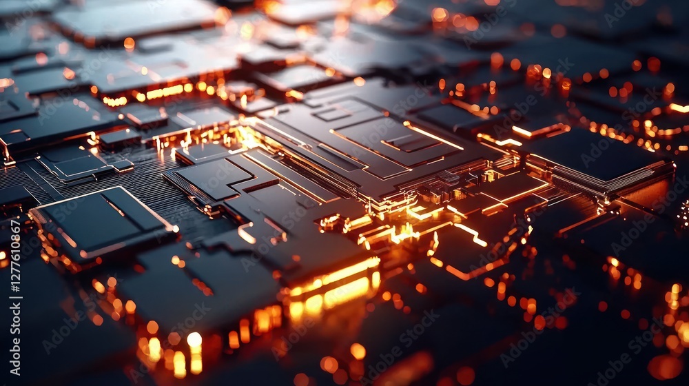 Fototapete Futuristic circuit board with glowing orange lights showcasing advanced technology and innovation a close up shot with shallow depth of field