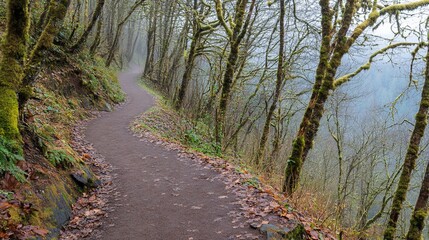 Fototapeta premium Misty forest trail winding downhill.